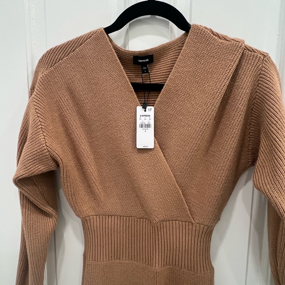 Express V-Neck Sweater dress in Tan